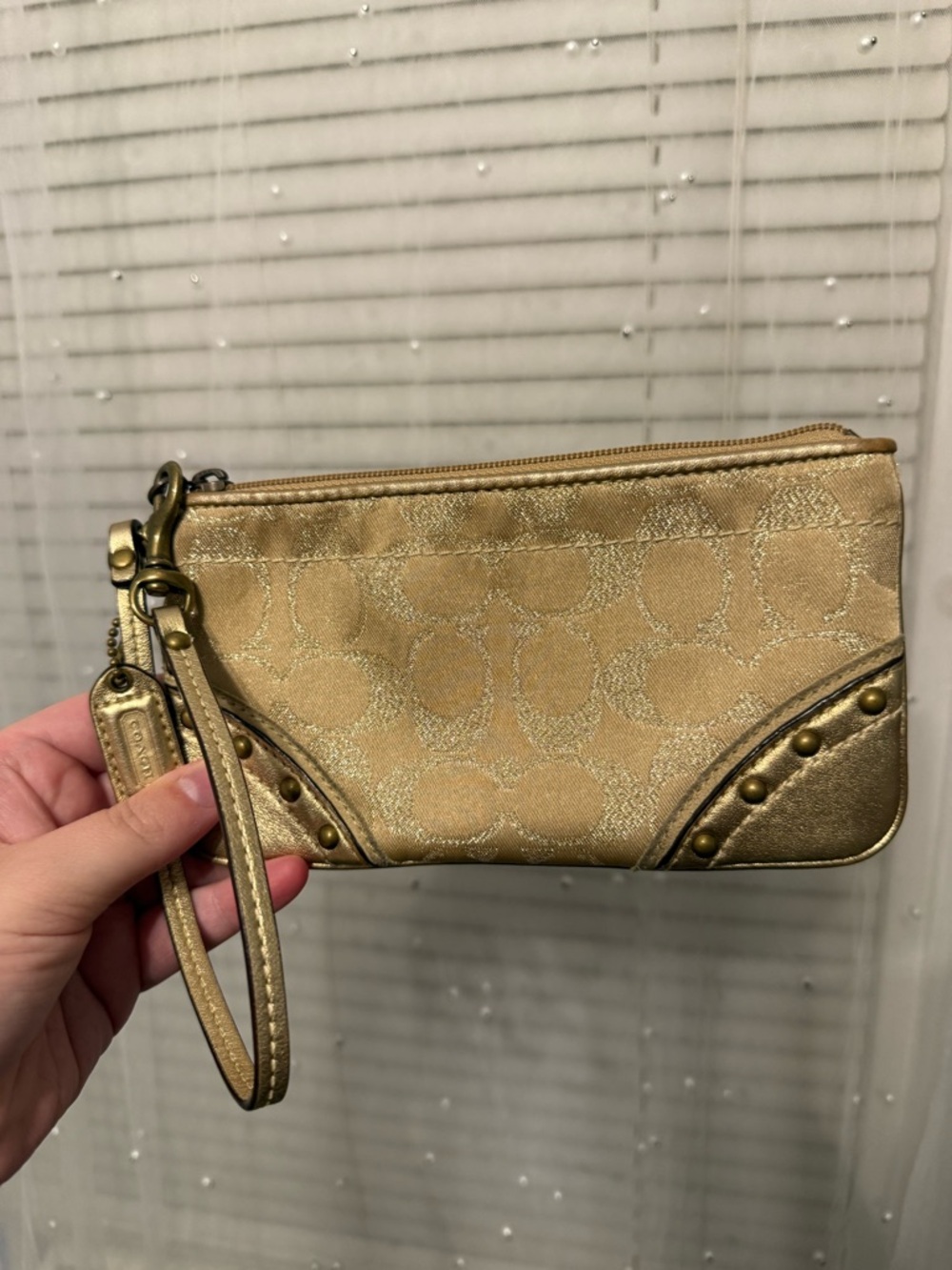 Coach Metallic Gold Signature Wristlet with Stud Accents